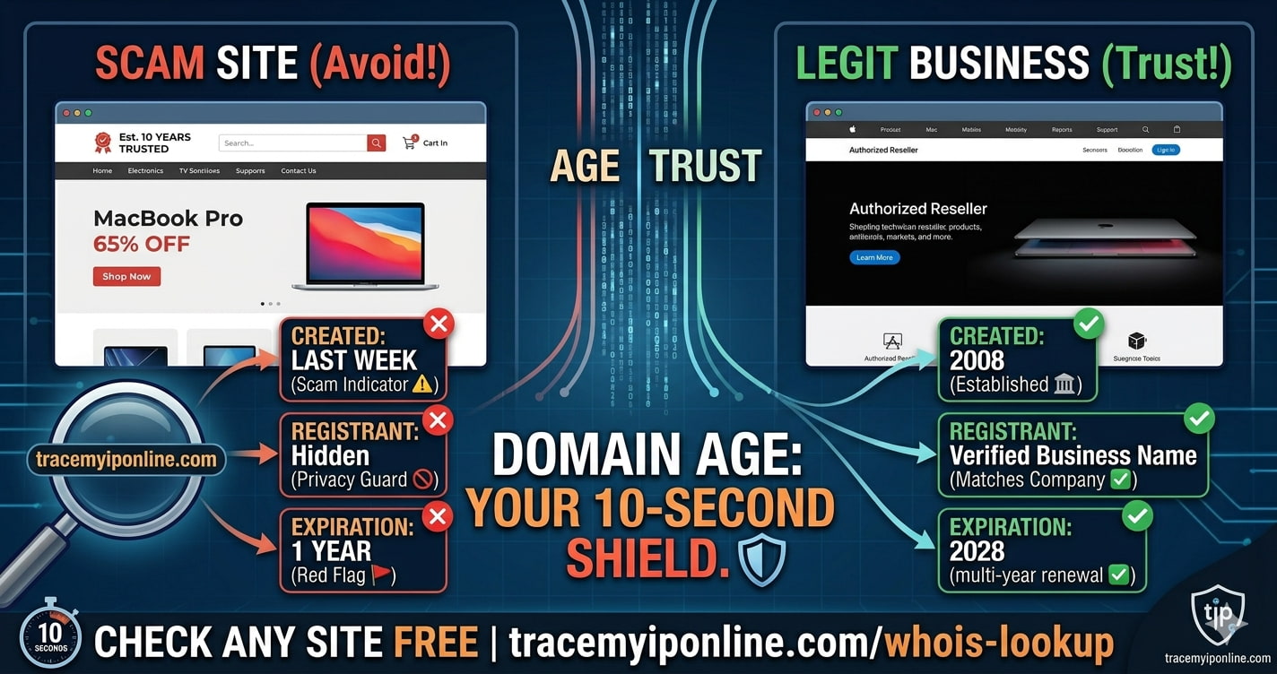 95% of Scam Sites Are Under 30 Days Old — Check Any Website Free With WHOIS (2026)